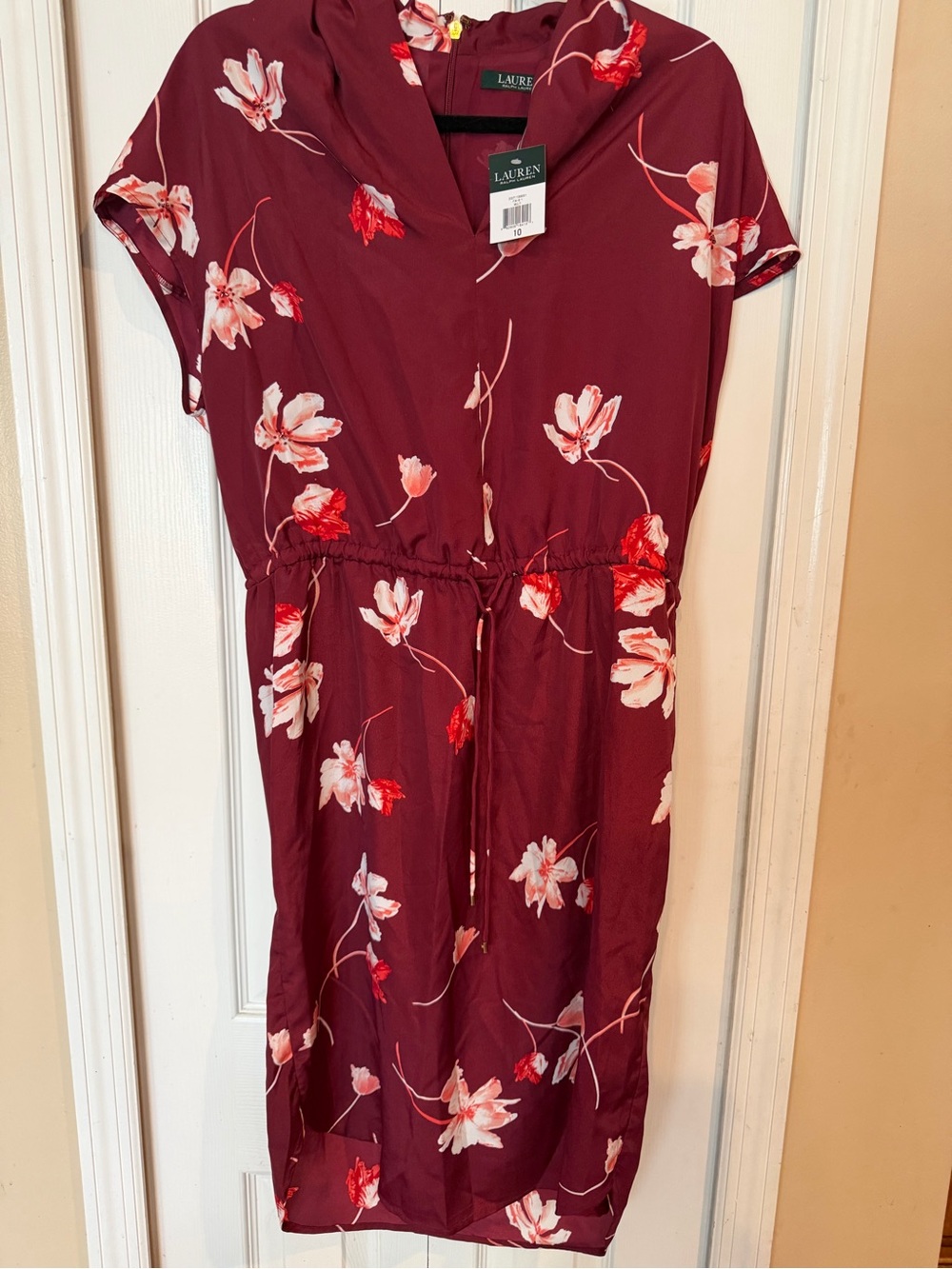 Ralph Lauren Burgundy Floral Drawstring Midi Dress
